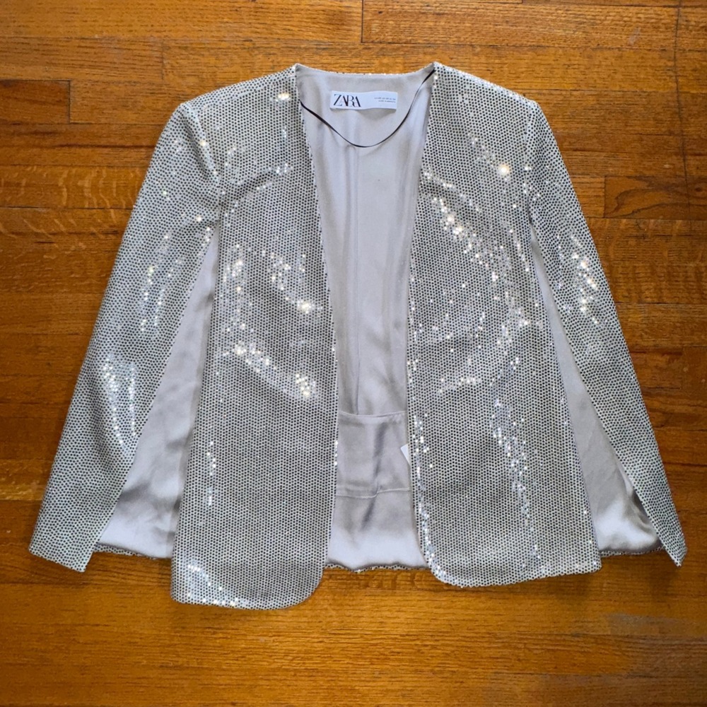 Zara Womens Silver Sequin Cape Blazer Open Front Party Jacket XS 2687/001/808